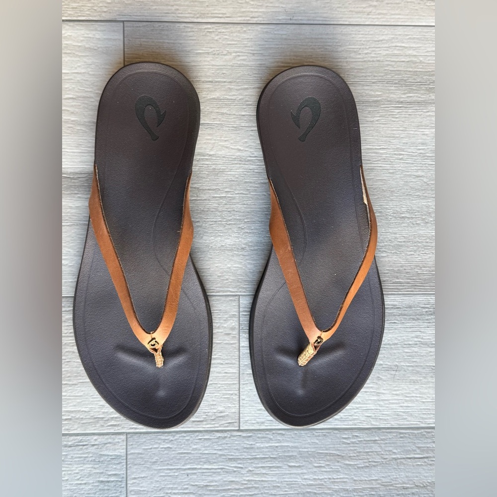 OluKai Ho'opio Leather Sandals Tapa / Golden Sand Women’s Size 9 - Picture 2 of 7